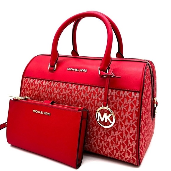 Michael Kors Medium Duffle Satchel Crossbody Bag & Large Double Zip Wallet Red - Picture 1 of 15